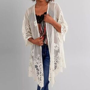 Daytrip cream open knit embroidered festival boho open front kimono cardigan S